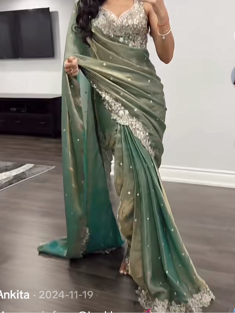 Olive Green Embellished Saree Dress with Beaded Blouse - Picture 3 of 3